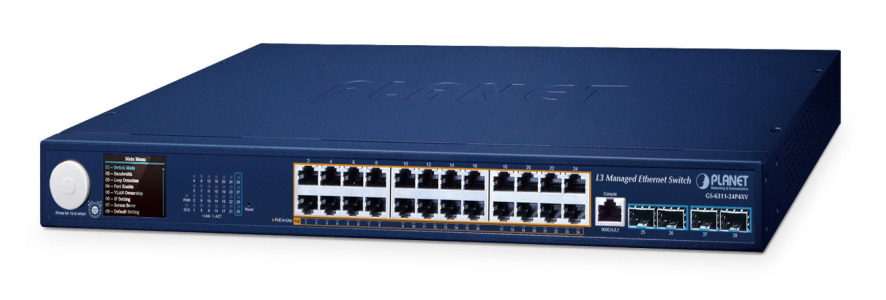 GS-6311-24P4XV -- L3 24-Port 10/100/1000T 802.3at PoE + 4-Port 10G SFP+ Managed Ethernet Switch with Smart LCD Screen